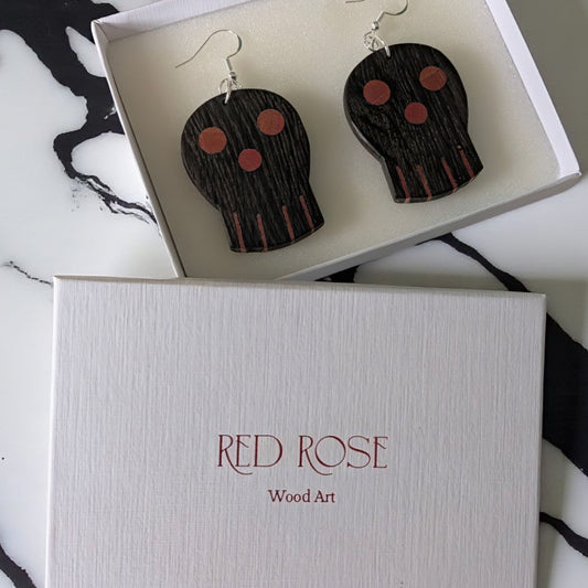 English Bog Oak & Pink Ivory Wood Skull Earrings