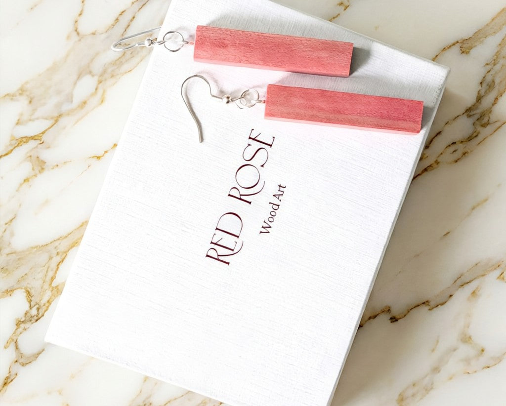 Pink Ivory Rectangle Wood Earrings