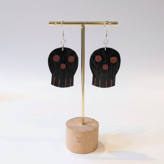 English Bog Oak & Pink Ivory Wood Skull Earrings