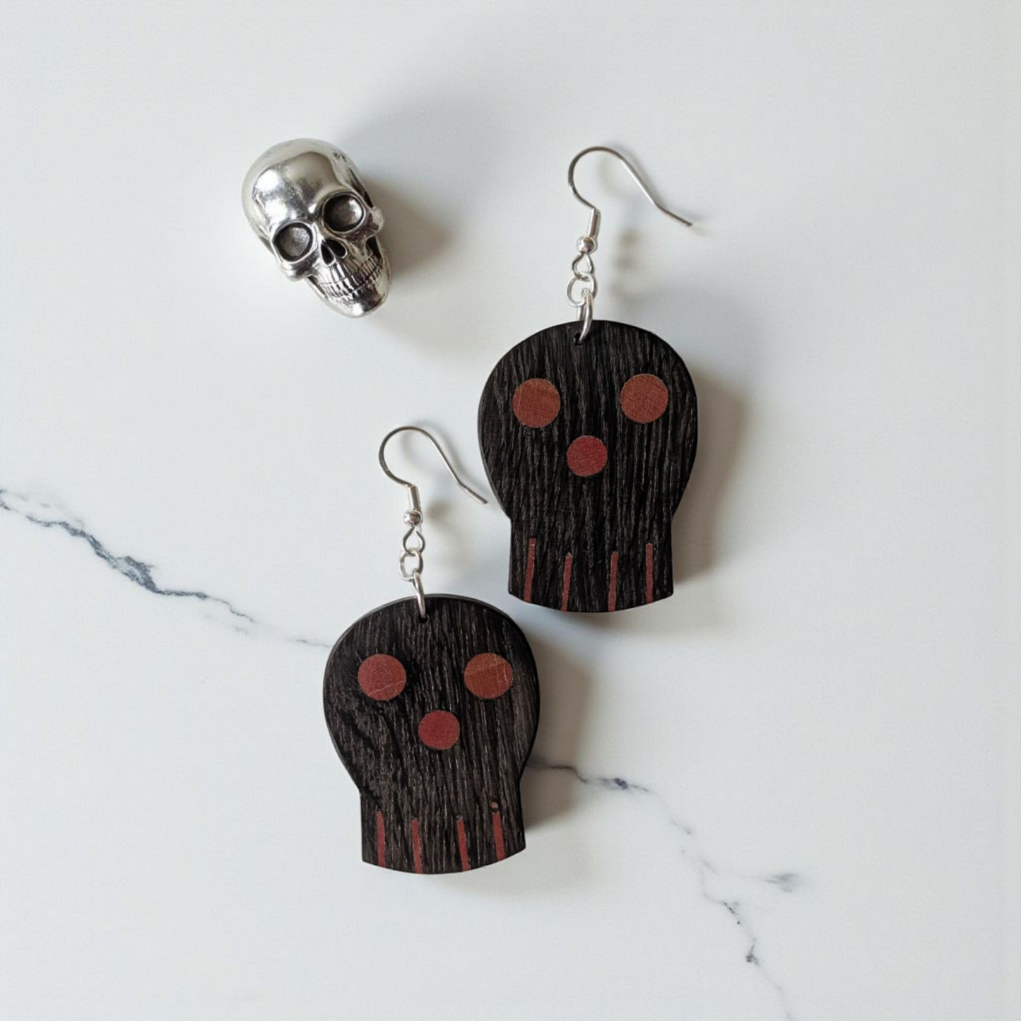 English Bog Oak & Pink Ivory Wood Skull Earrings