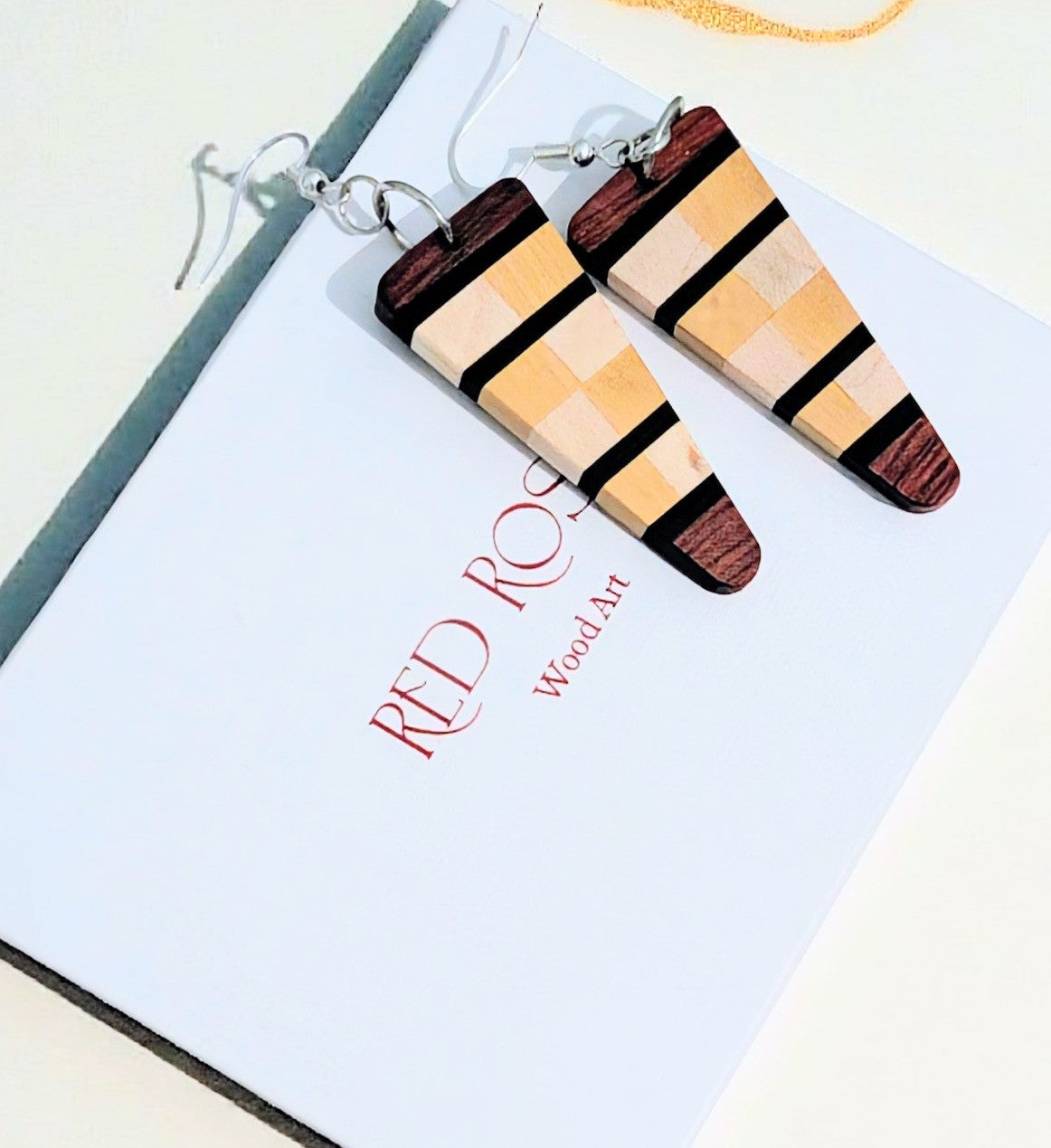 English Holly, Red Oak, Yellowheart & African Blackwood Earrings