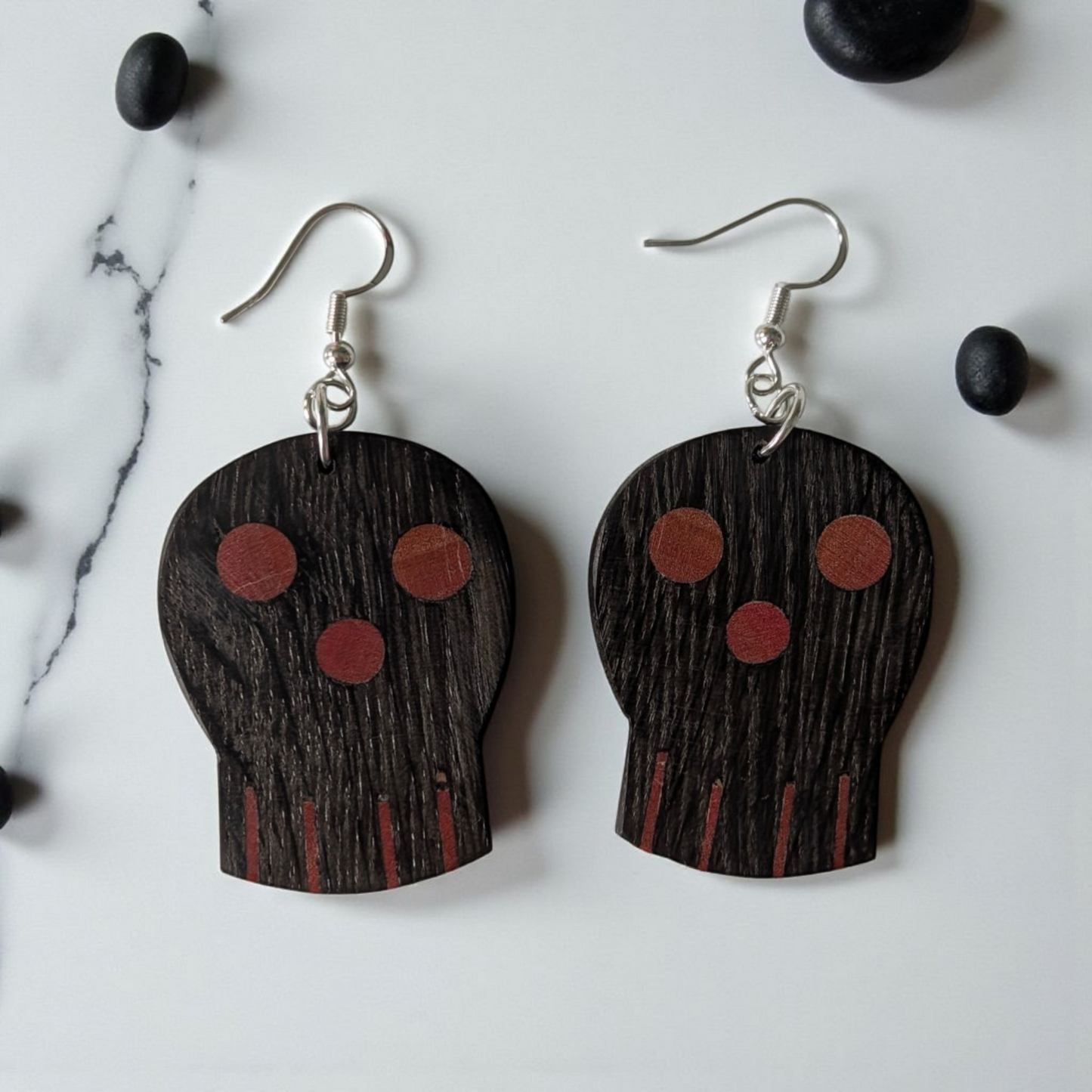English Bog Oak & Pink Ivory Wood Skull Earrings