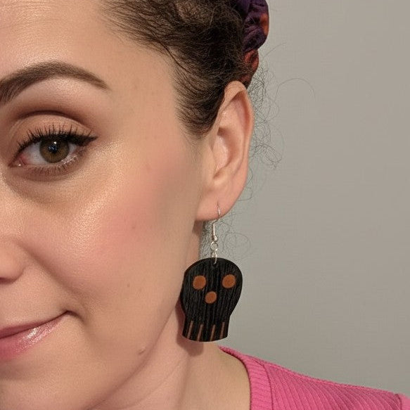 English Bog Oak & Pink Ivory Wood Skull Earrings